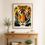 Finished geometric cubist tiger cross stitch artwork displayed as home decor