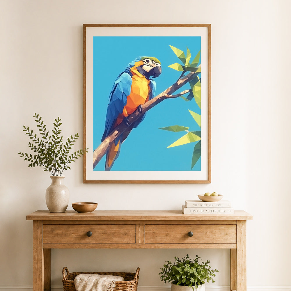 Finished geometric macaw cross stitch artwork displayed as home decor