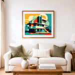 Finished geometric modern villa art cross stitch artwork displayed as home decor