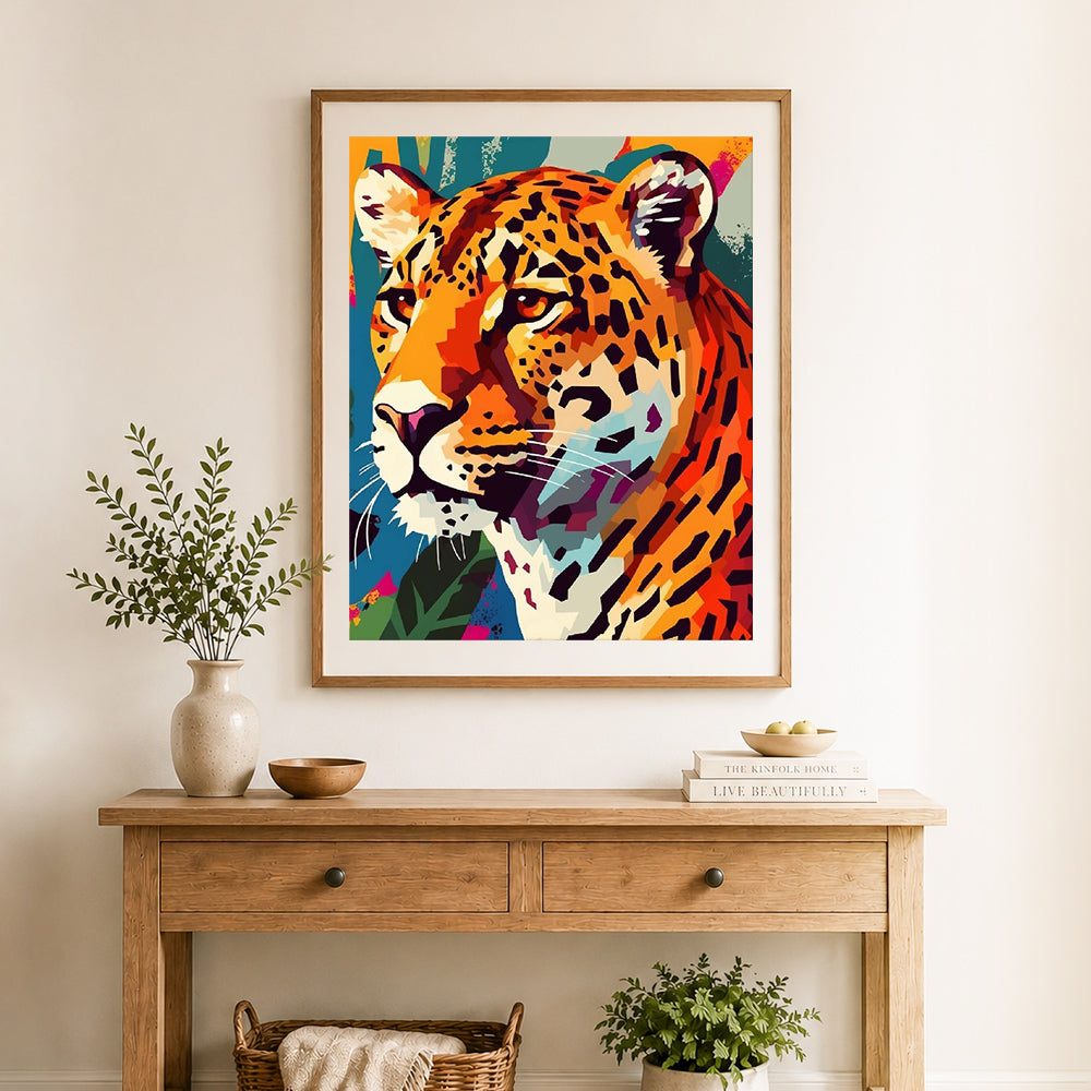 Finished geometric pop‑art leopard cross stitch artwork displayed as home decor