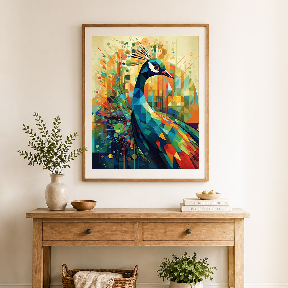 Finished geometric pop‑art peacock cross stitch artwork displayed as home decor