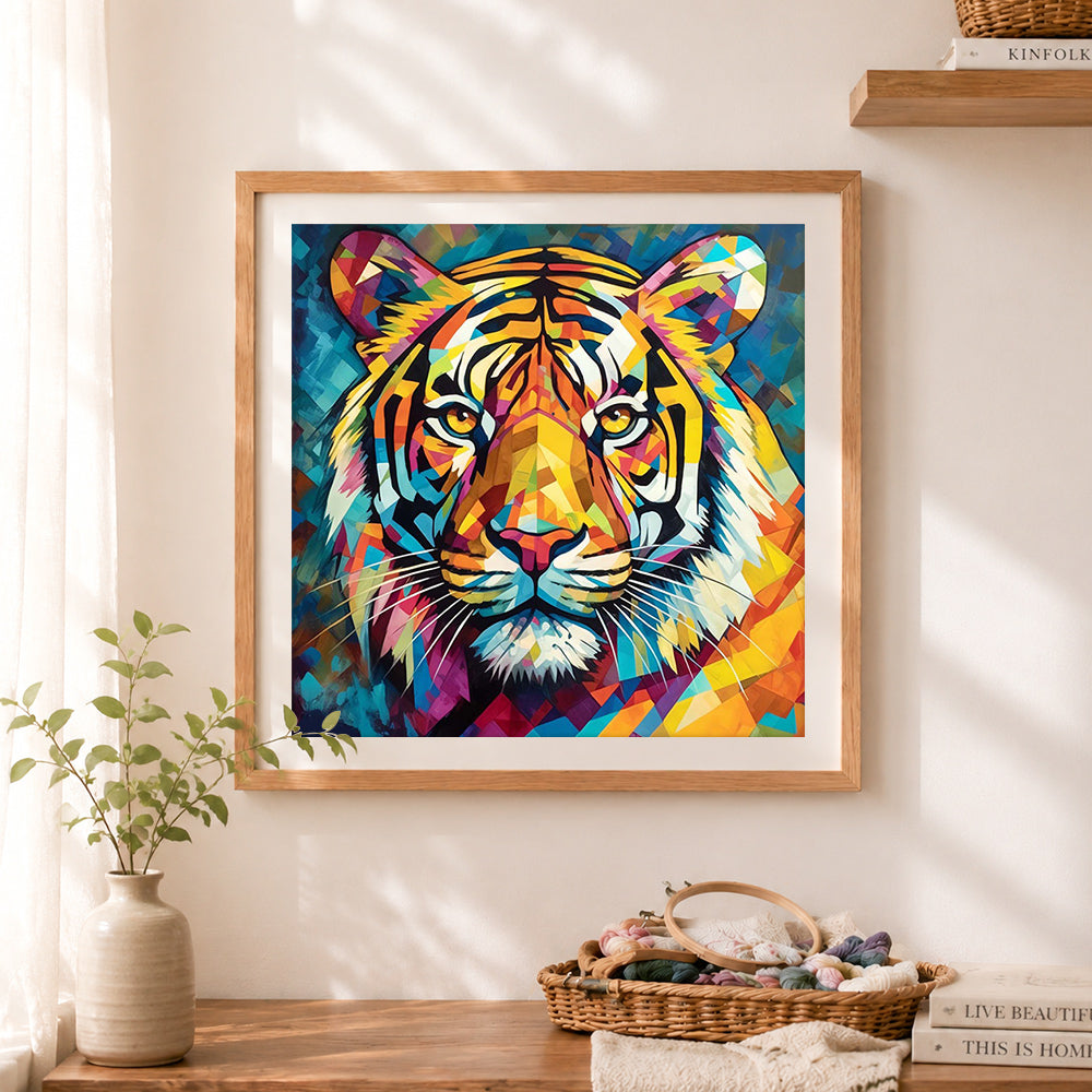 Finished geometric pop art tiger face cross stitch artwork displayed as home decor