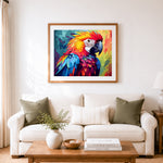 Finished geometric style parrot cross stitch artwork displayed as home decor