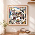 Finished geometric tribal bull art cross stitch artwork displayed as home decor