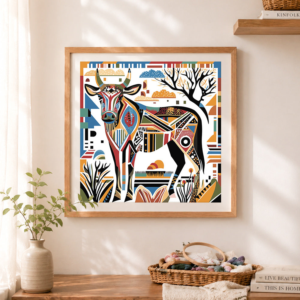 Finished geometric tribal bull art cross stitch artwork displayed as home decor