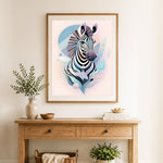 Finished geometric zebra art cross stitch artwork displayed as home decor