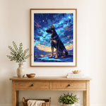 Finished german shepherd overlook valley cross stitch artwork displayed as home decor