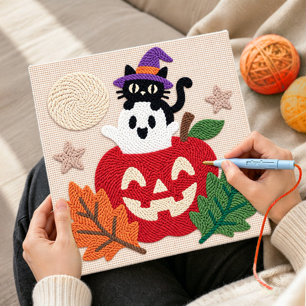 Creating handmade ghost and black cat punch needle artwork