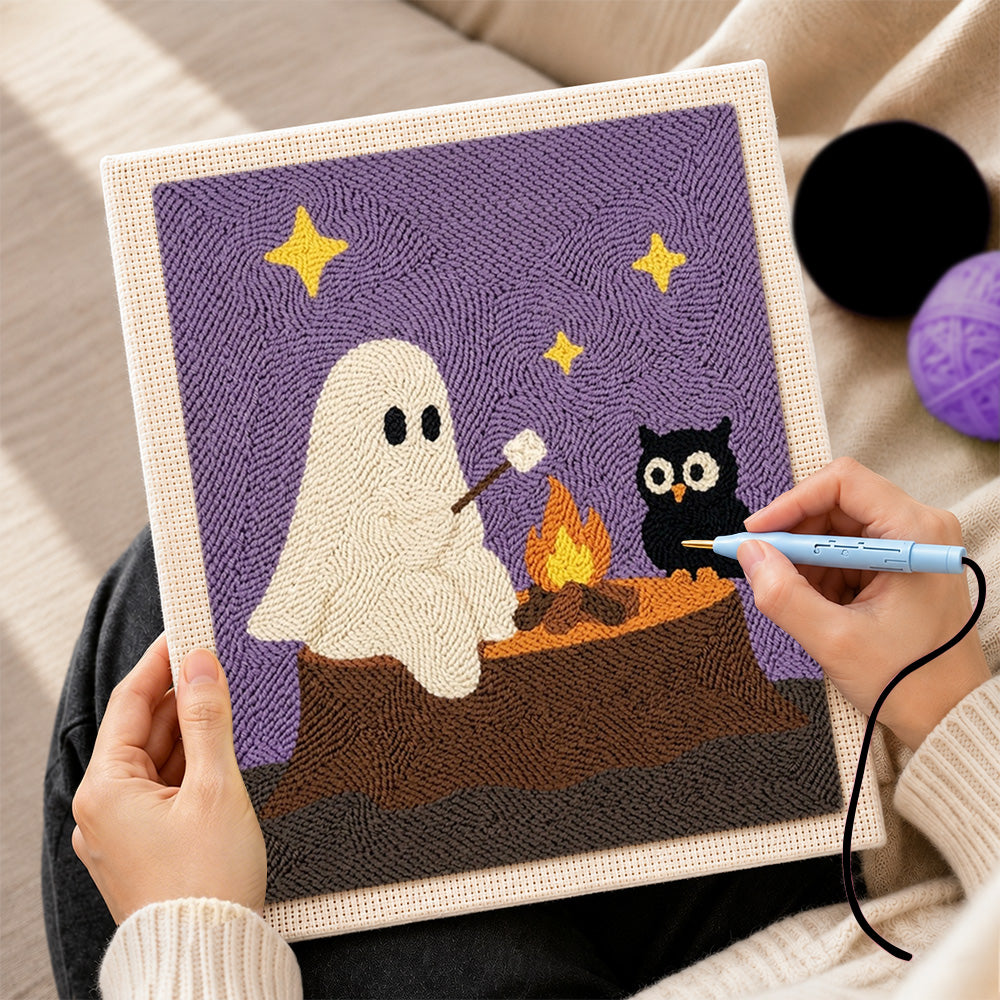Creating handmade ghost and owl toasting marshmallows punch needle artwork