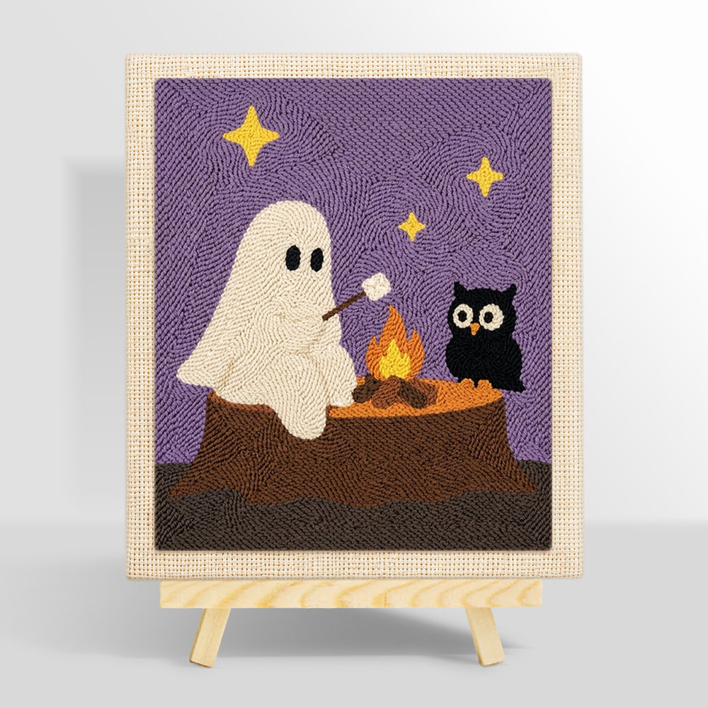 Ghost and owl toasting marshmallows punch needle kit for beginners