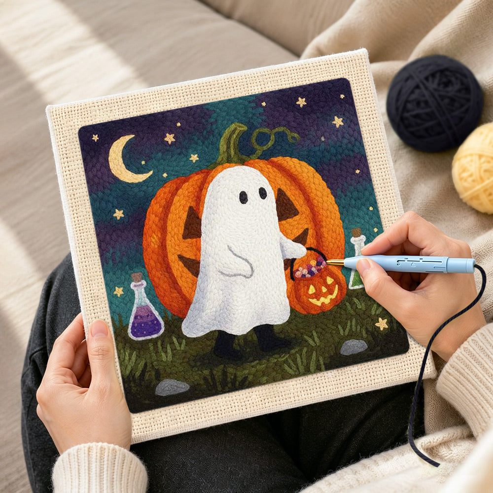 Creating handmade ghost and pumpkin trick or treat punch needle artwork