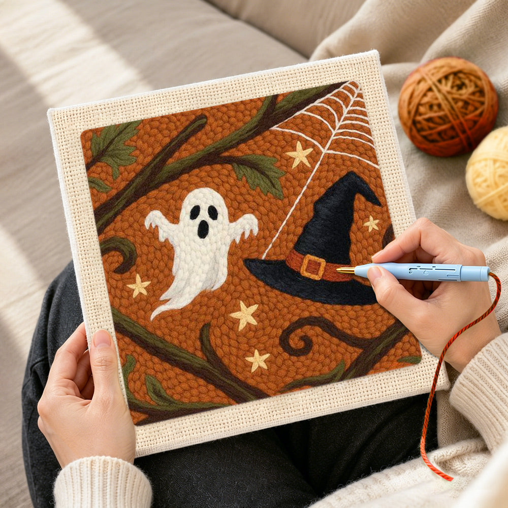 Creating handmade ghost and witch hat punch needle artwork