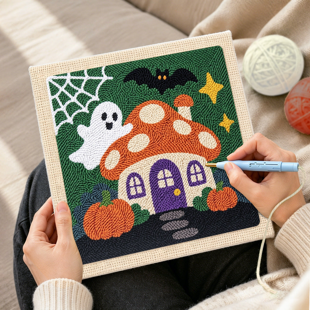 Creating handmade ghost at mushroom house punch needle artwork