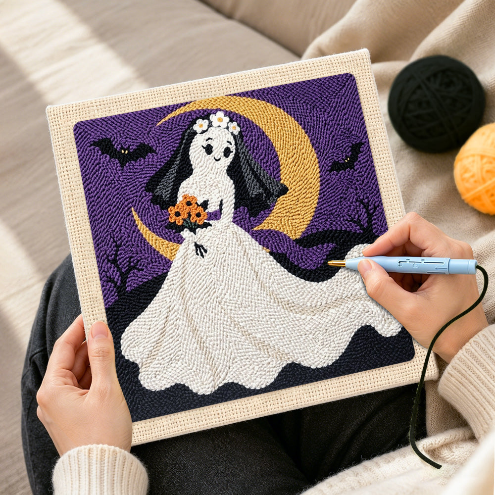 Creating handmade ghost bride with moon punch needle artwork