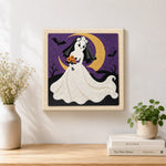 Finished ghost bride with moon artwork displayed on a wall