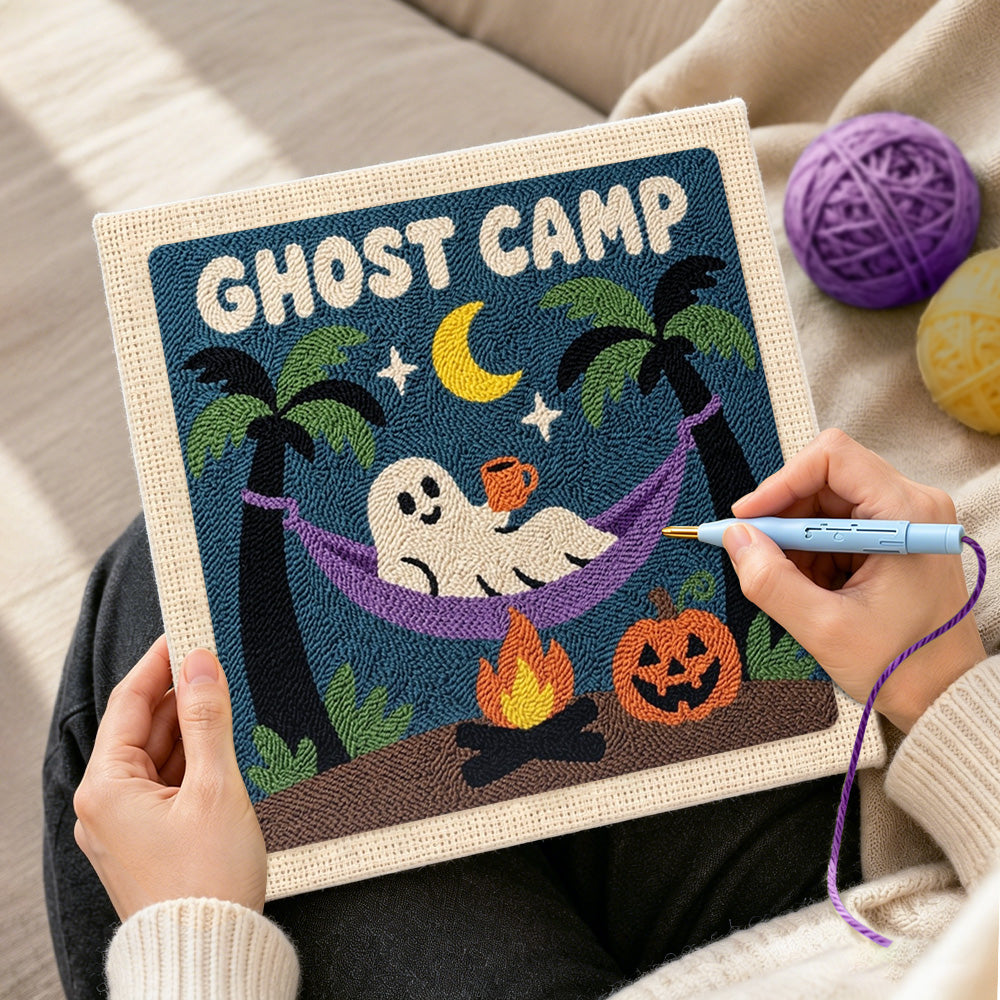 Creating handmade ghost camp hammock time punch needle artwork