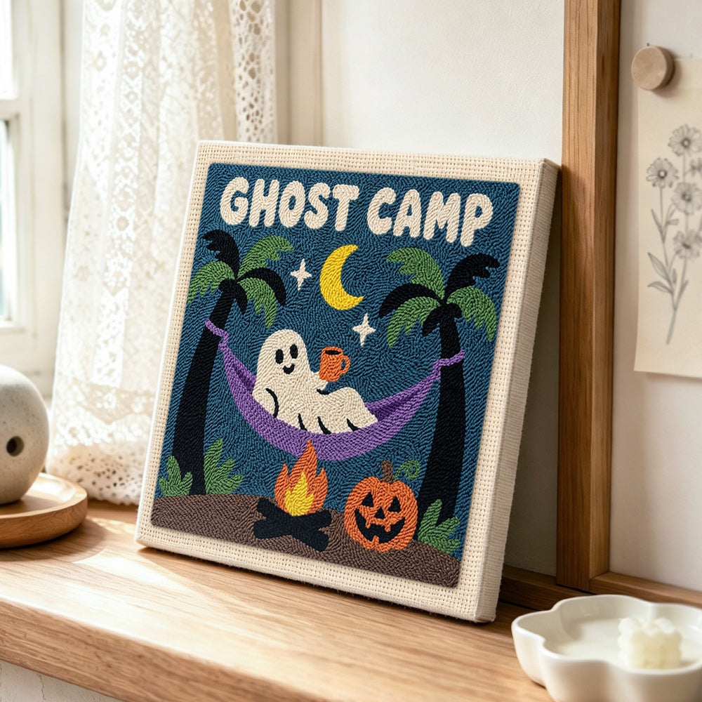 Ghost camp hammock time punch needle artwork displayed on a table