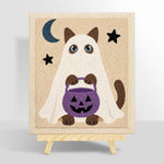 Ghost cat holding pumpkin treat bucket punch needle kit for beginners