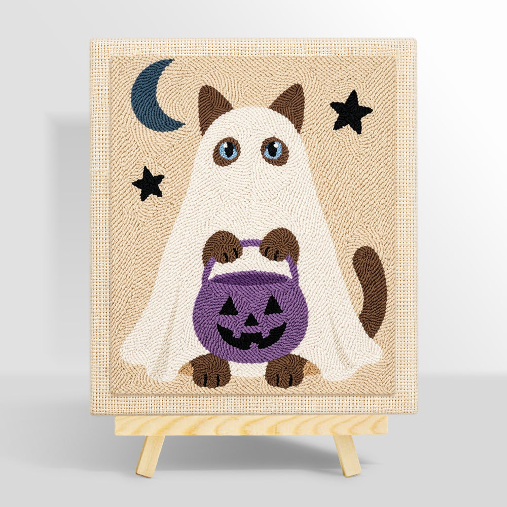 Ghost cat holding pumpkin treat bucket punch needle kit for beginners