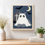 Finished ghost cat in graveyard artwork displayed on a wall