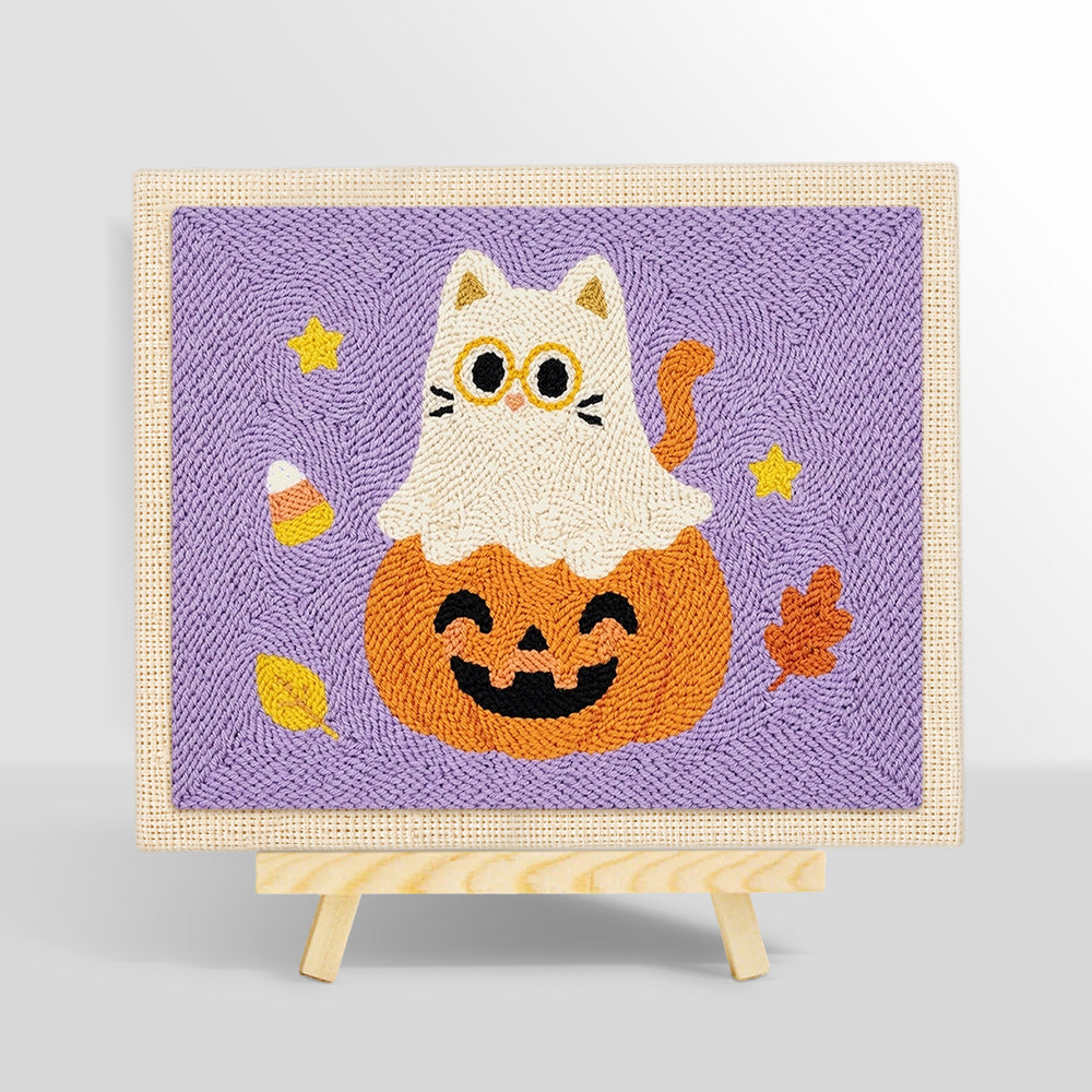 Ghost cat on pumpkin punch needle kit for beginners