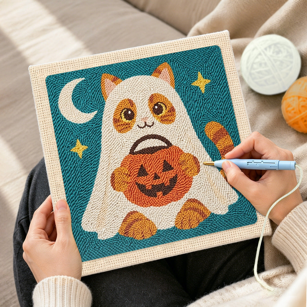 Creating handmade ghost cat trick-or-treat punch needle artwork