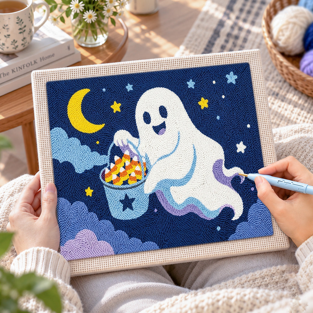 Creating handmade ghost collecting halloween candy punch needle artwork