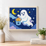 Finished ghost collecting halloween candy artwork displayed on a wall