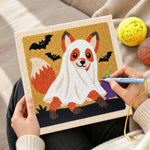 Creating handmade ghost‑costumed fox punch needle artwork