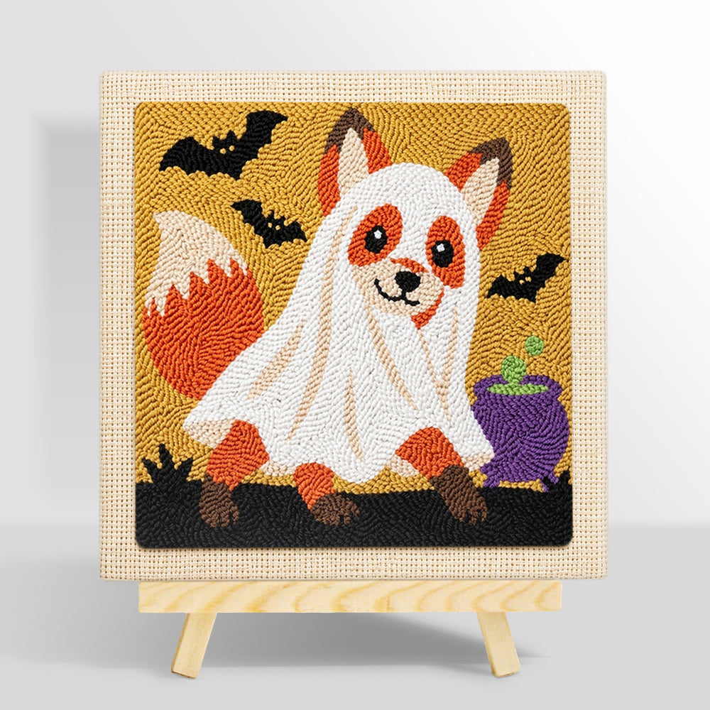 Ghost‑costumed fox punch needle kit for beginners
