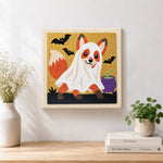 Finished ghost‑costumed fox artwork displayed on a wall