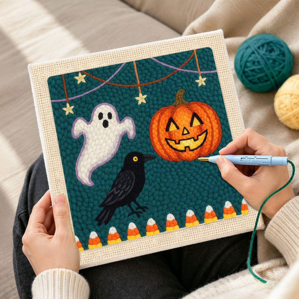 Creating handmade ghost crow and pumpkin harvest punch needle artwork
