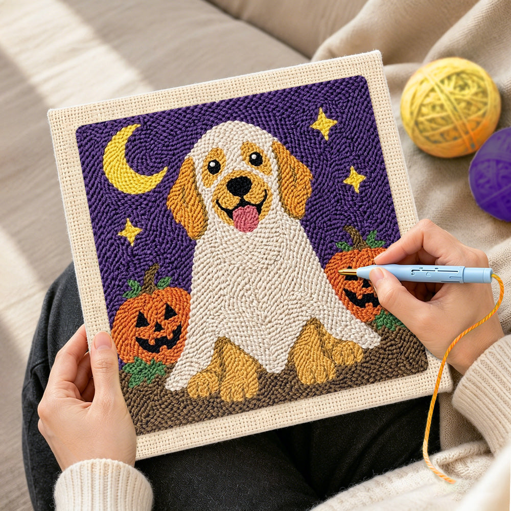 Creating handmade ghost dog with pumpkins punch needle artwork