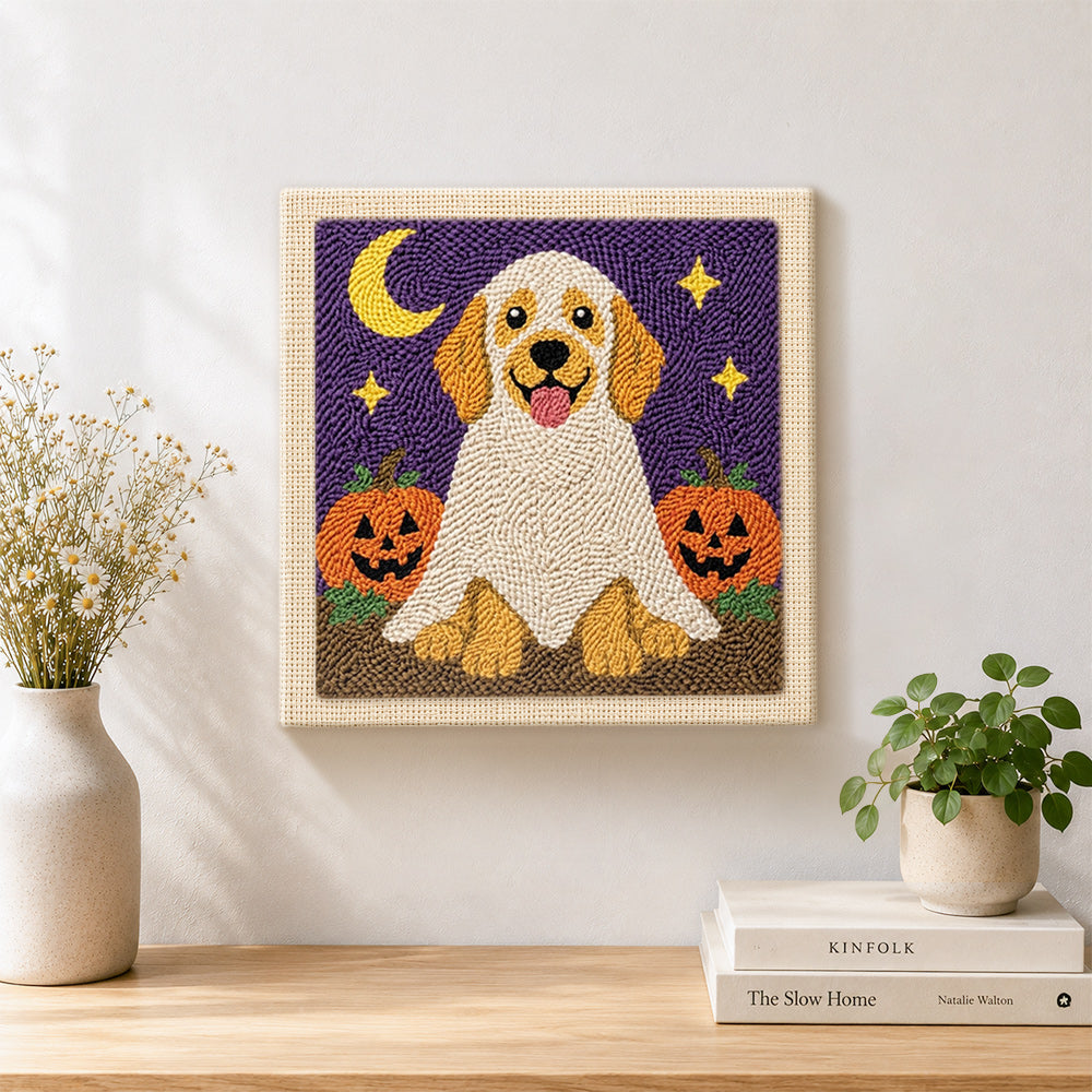 Finished ghost dog with pumpkins artwork displayed on a wall