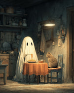Ghost eating pasta with cat cross stitch kit for beginners