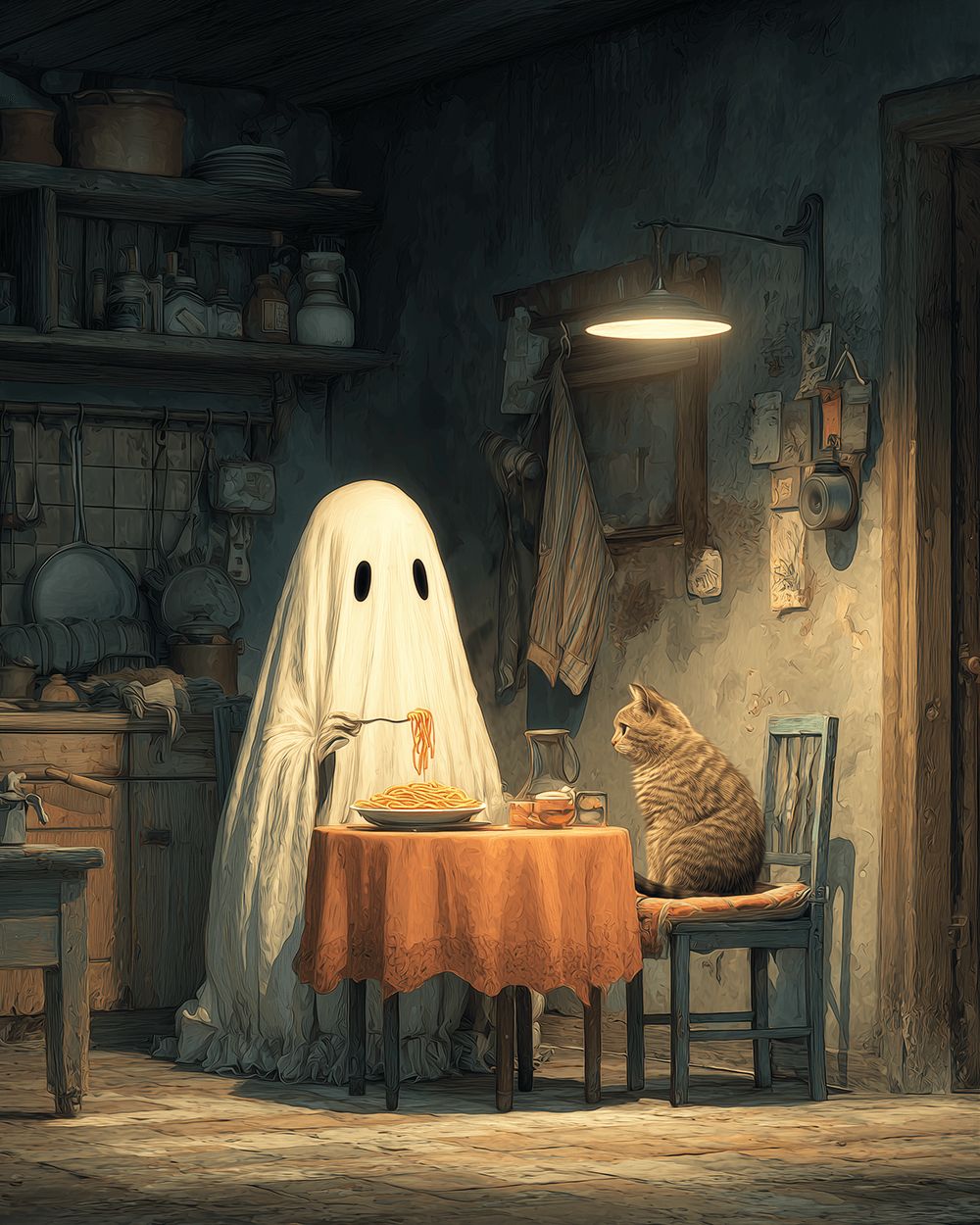 Ghost eating pasta with cat cross stitch kit for beginners