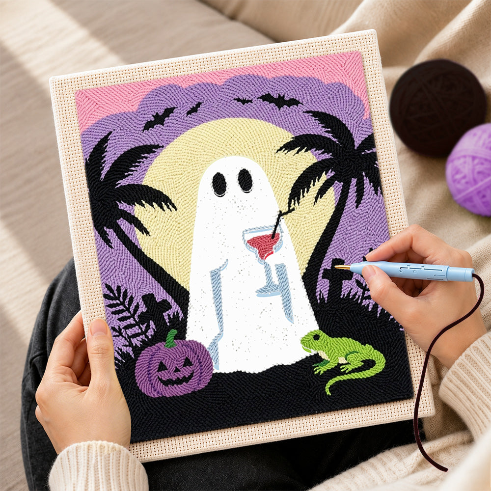 Creating handmade ghost enjoying tropical night punch needle artwork