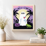 Finished ghost enjoying tropical night artwork displayed on a wall