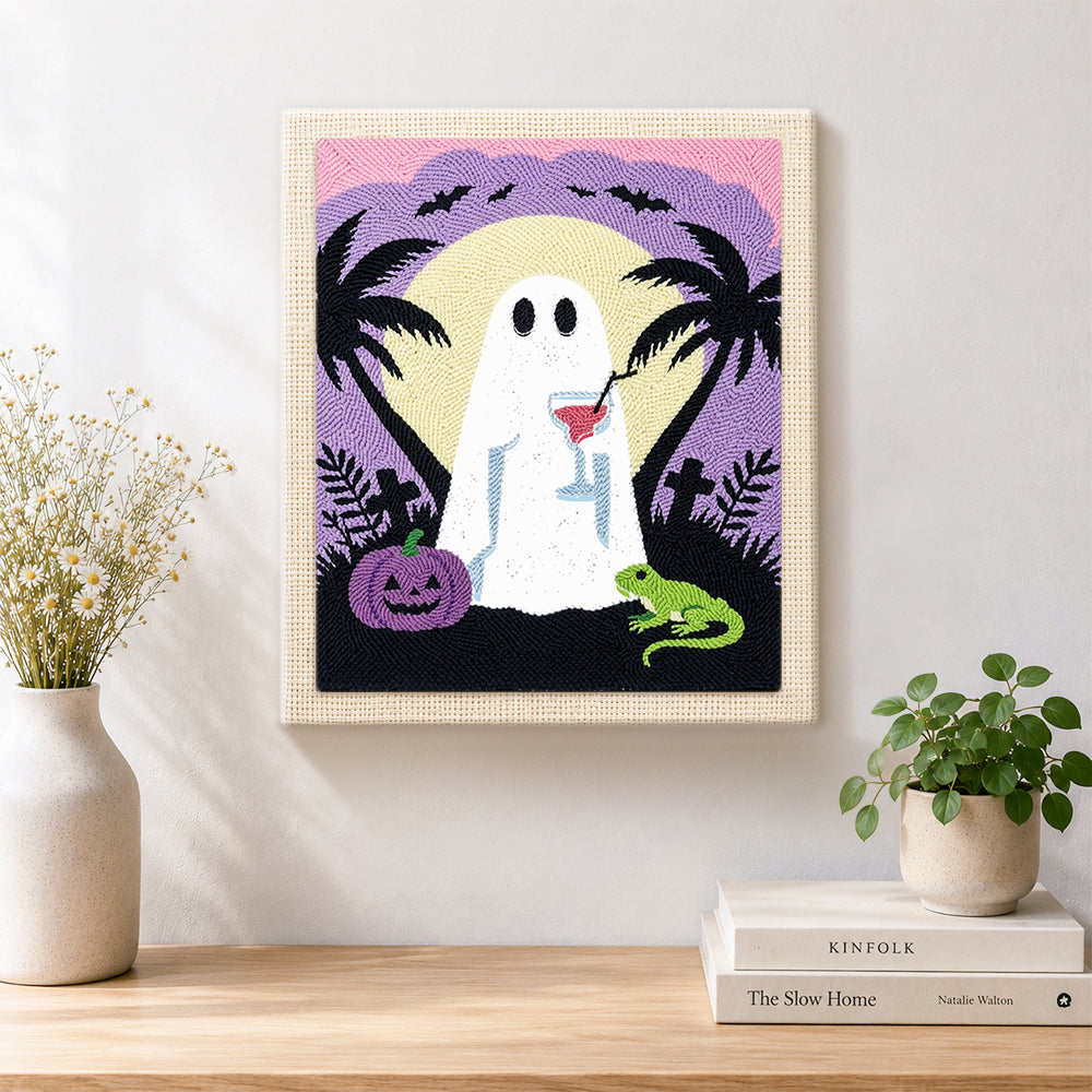 Finished ghost enjoying tropical night artwork displayed on a wall