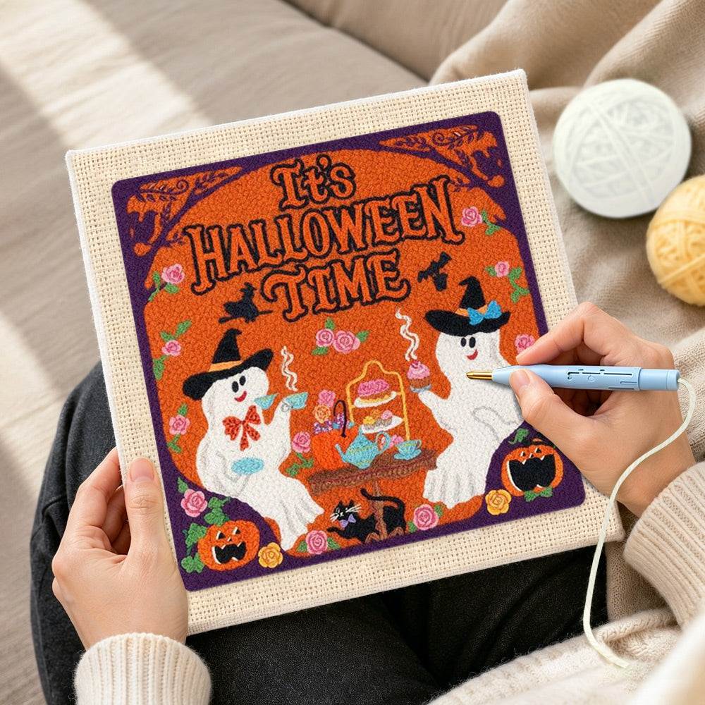 Creating handmade ghost halloween tea party punch needle artwork