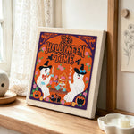 Ghost halloween tea party punch needle artwork displayed on a table