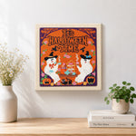 Finished ghost halloween tea party artwork displayed on a wall
