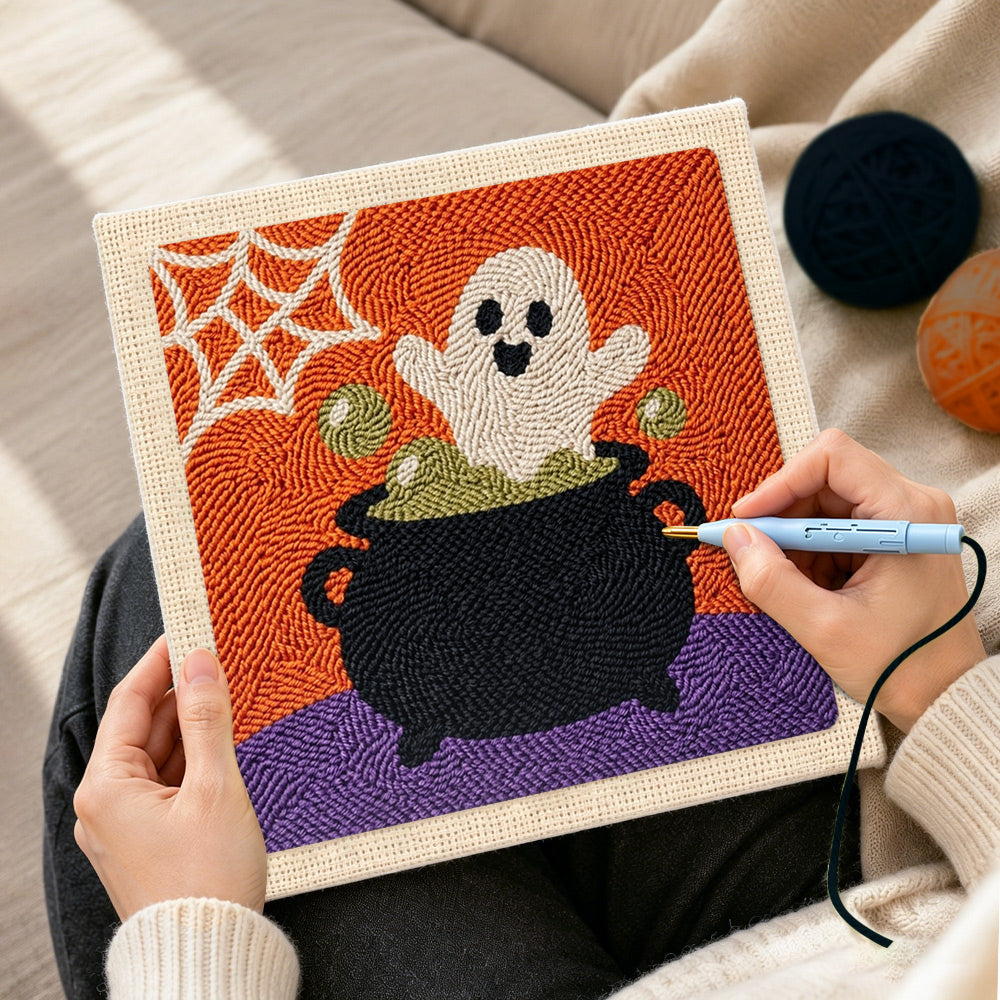 Creating handmade ghost in cauldron punch needle artwork