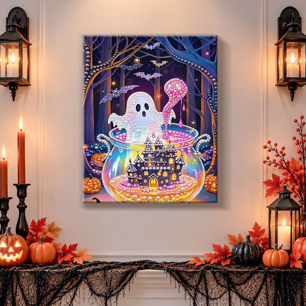 Finished ghost in magic cauldron pearl diamond painting artwork displayed as holiday home decor