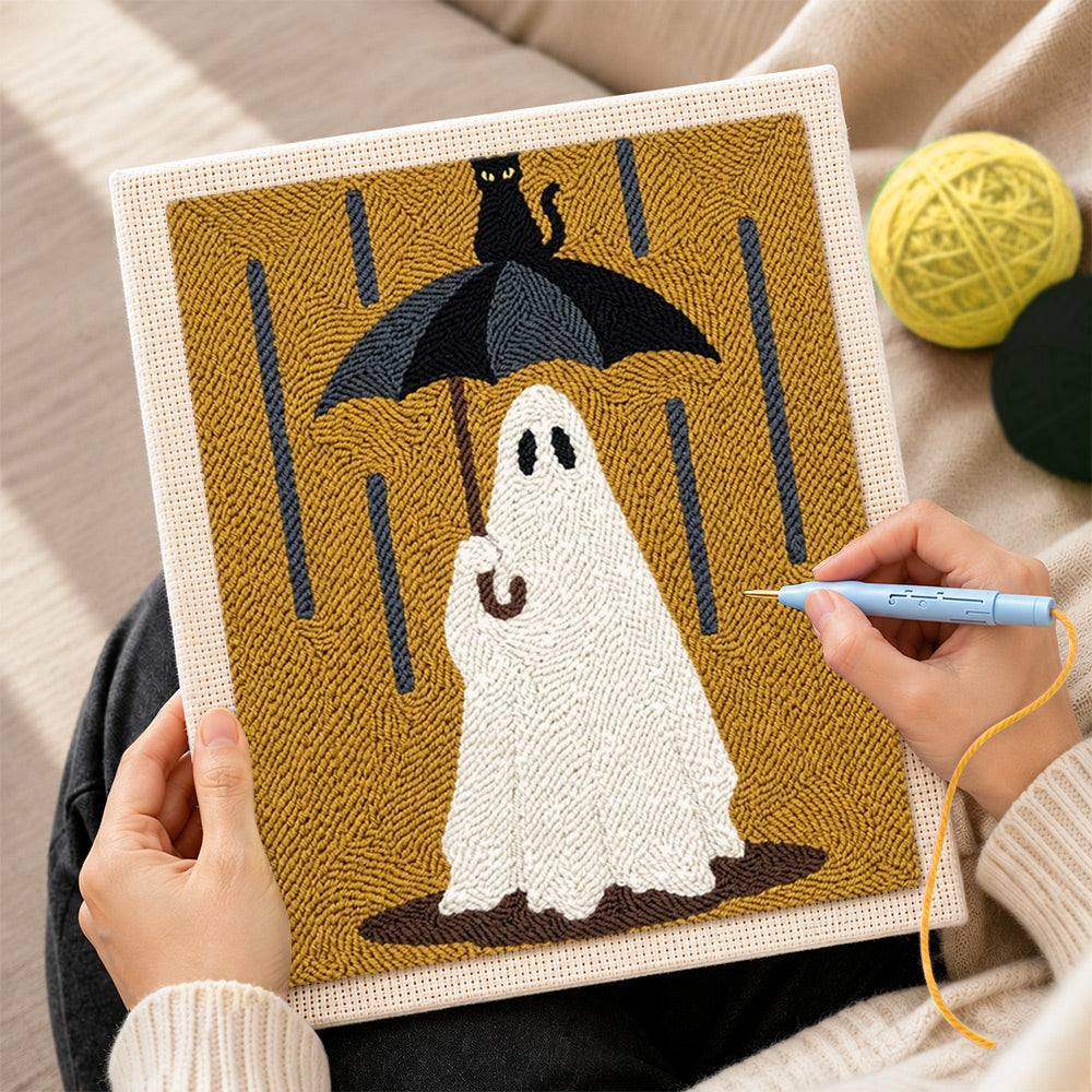 Creating handmade ghost in rain punch needle artwork