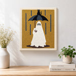Finished ghost in rain artwork displayed on a wall