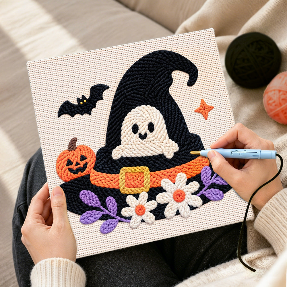 Creating handmade ghost in witch hat punch needle artwork