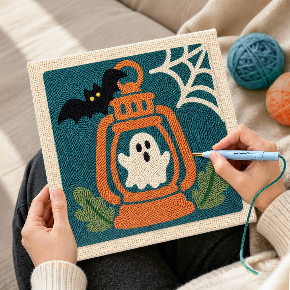 Creating handmade ghost inside lantern punch needle artwork