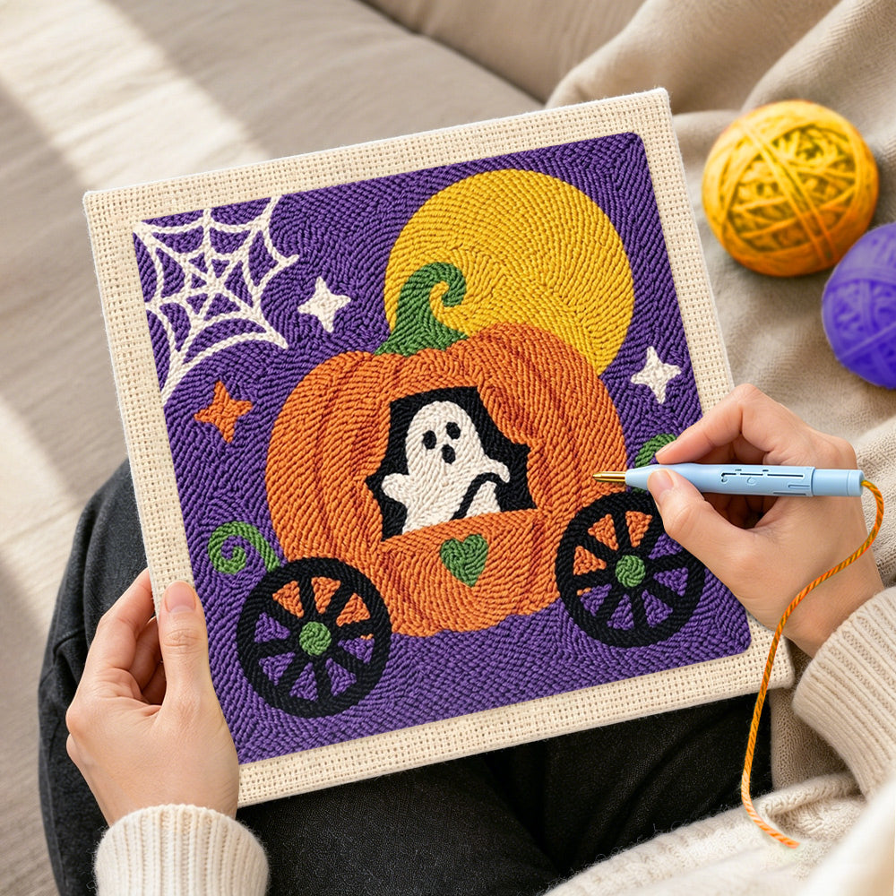 Creating handmade ghost inside pumpkin carriage punch needle artwork