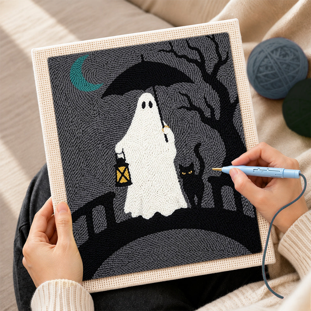 Creating handmade ghost on bridge punch needle artwork